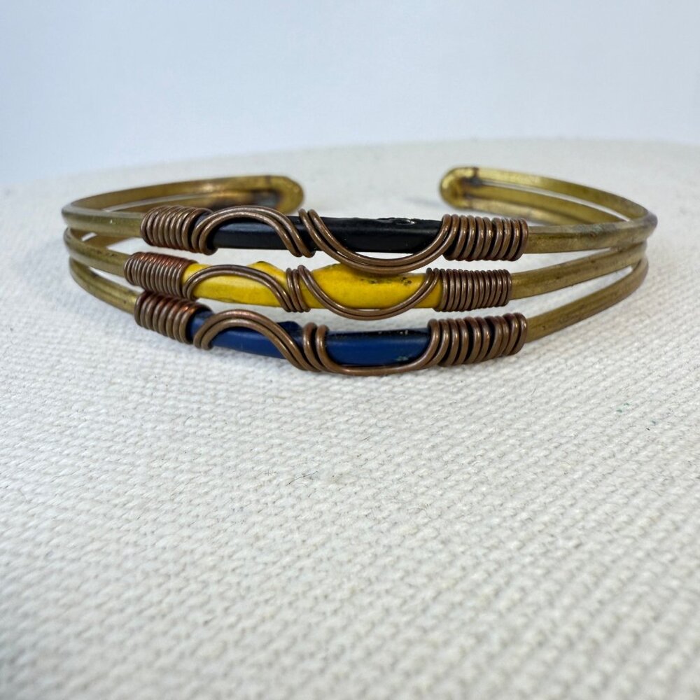 Wire Wrapped Artisan Created Cuff Bracelet Blue Yellow Art Deco‎